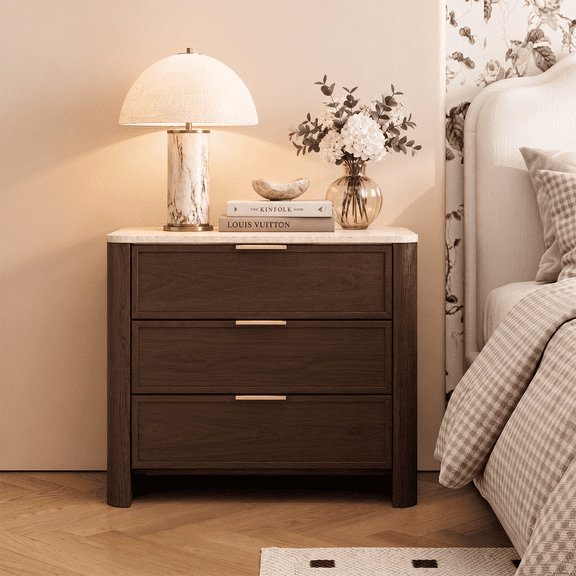 Brafabhome 23'' W Modern Nightstand with 3 Large Drawers, Elegant Marble Top Bedside Table with Soft Curved Edges, suitable for Bedroom or Living Room, Walnut