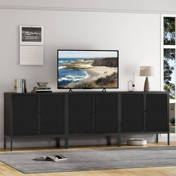 Brafabhome Boho Sideboard Storage Cabinet with Rattan Door, 6 Doors Modern Buffet Sideboard with Storage Shelf for Living Room Bedroom Entryway | Black