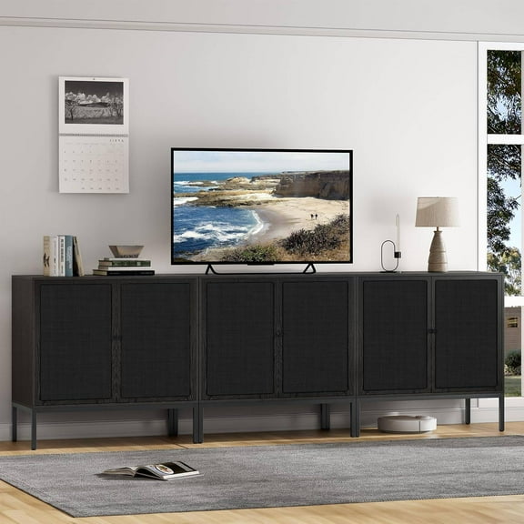 Brafabhome Boho Sideboard Storage Cabinet with Rattan Door, 6 Doors Modern Buffet Sideboard with Storage Shelf for Living Room Bedroom Entryway | Black