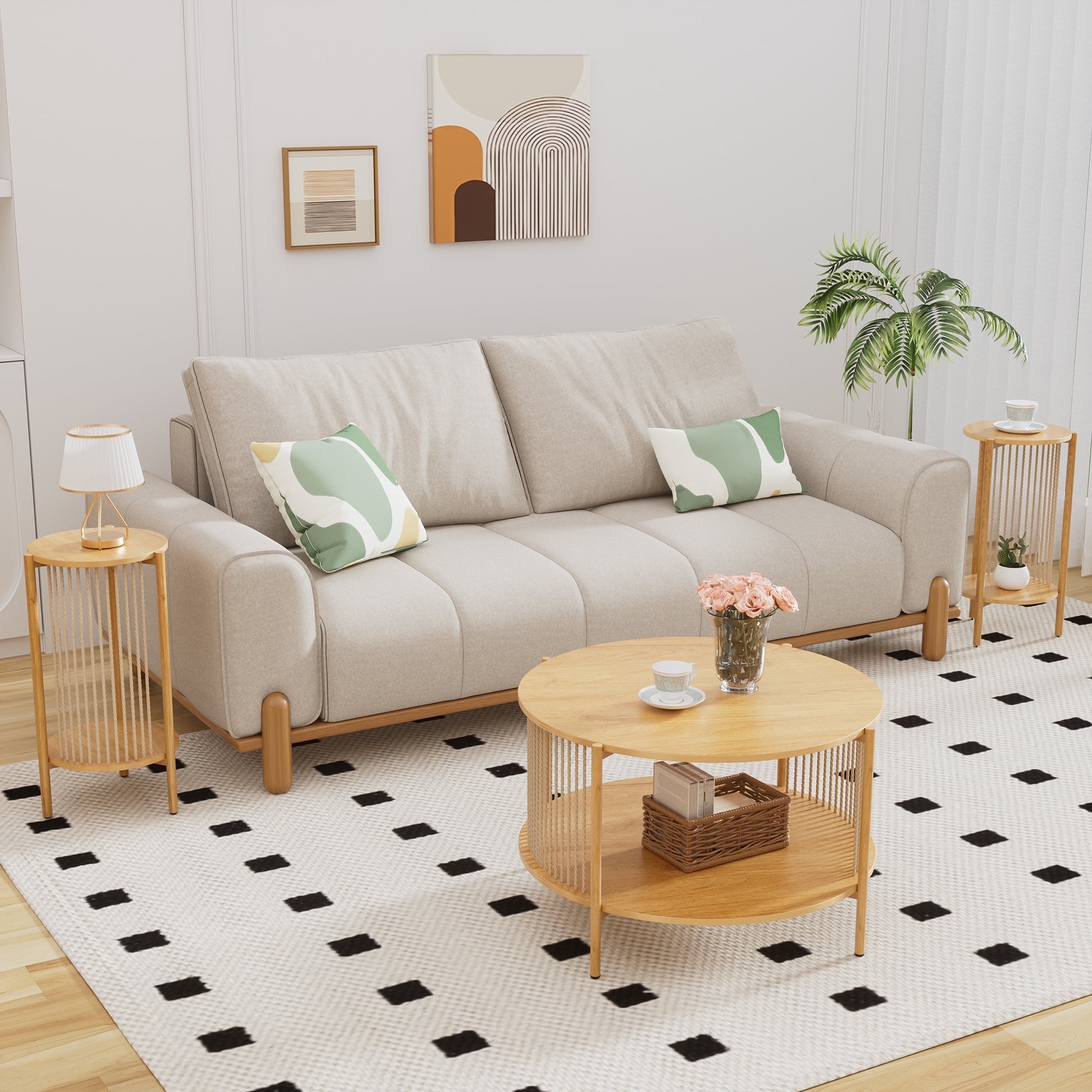 Brafabhome 3-Pieces Coffee Table Set with Hand-Woven Natural Rope, Boho Living Room Table Set with Storage Shelf and Metal Frame, Round Coffee Table & 2 Side Tables for Apartment Home Office