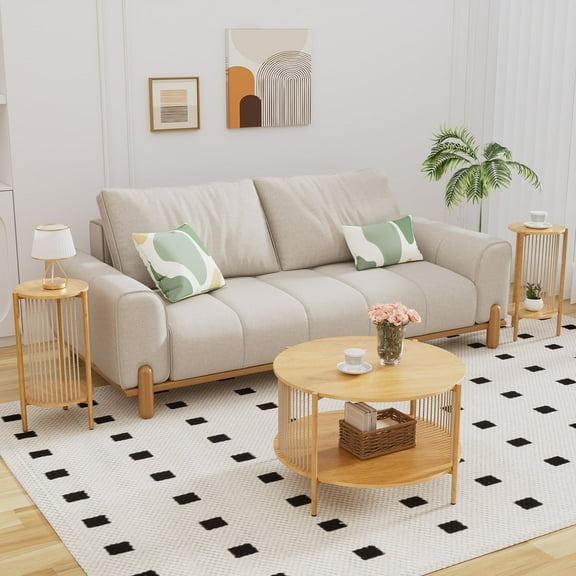 Brafabhome 3-Pieces Coffee Table Set with Hand-Woven Natural Rope, Boho Living Room Table Set with Storage Shelf and Metal Frame, Round Coffee Table & 2 Side Tables for Apartment Home Office