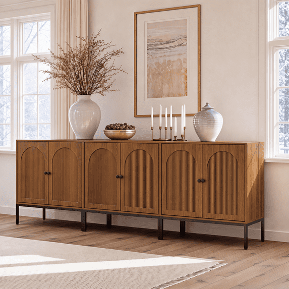 Brafabhome 3 Pieces Modern Fluted Arched Buffet Cabinet with Storage, 94.5" Wide Wooden Modular Sideboard Cabinet with Adjustable footpads for Living Room Dining Room | Walnut