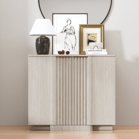 Brafabhome 31.5" Fluted Buffet Cabinet with Storage, 2 Door Accent Sideboard Credenza with Adjustable Shelves, Modern Curved Media Console Coffee Bar Table for Living Kitchen Dining Room | White