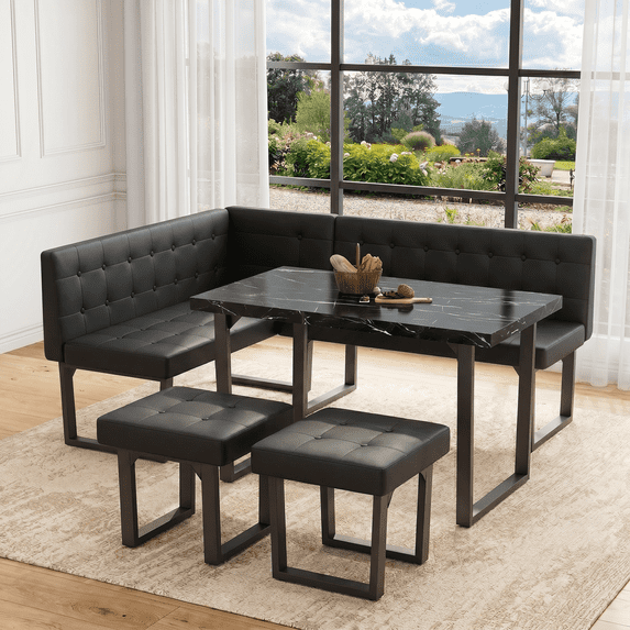 Brafabhome 5 Piece Corner Dining Table Set, 72 Inch Breakfast Nook with Banquette, Modern Kitchen Table with Storage Bench for 6 | Black