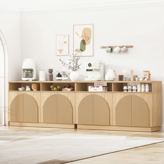 Brafabhome 55" Fluted Sideboard Buffet Cabinet with Arched Reeded Doors, Modern Credenza Storage Cabinet with Open Storage & Adjustable Shelves for Living Room & Dinning Room | Natural(2 Set)