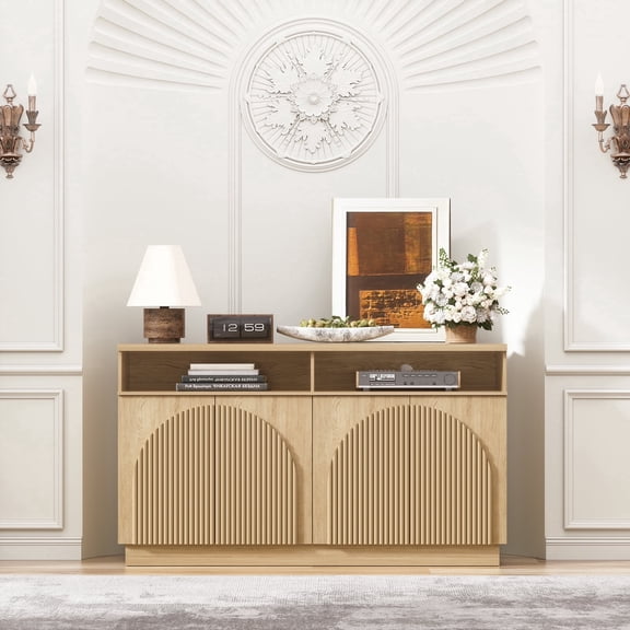 Brafabhome 55" Fluted Sideboard Buffet Cabinet with Arched Reeded Doors, Modern Credenza Storage Cabinet with Open Storage & Adjustable Shelves for Living Room & Dinning Room | Natural