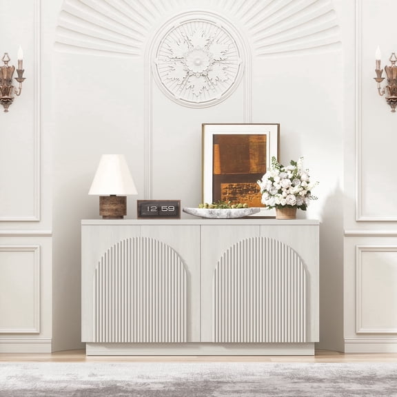 Brafabhome 55" Wide Fluted Sideboard with 4 Arched Reeded Doors, Modern Credenza Storage Buffet Cabinet with Adjustable & Removable Shelves for Living Room & Dinning Room | White