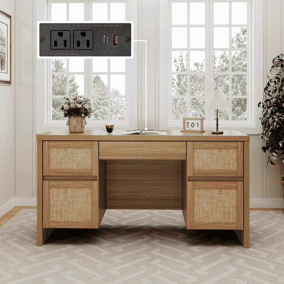 Brafabhome 57" Rattan Executive Desk with 5 Storage Drawers, Modern Study Writing Table Wooden Computer Desks with Charging Station for Home Office Bedroom | Oak