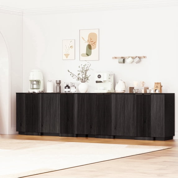 Brafabhome 110" Buffet Cabinet with Storage, 4 Door Accent Sideboard Credenza with 2 Adjustable Shelves, Modern Fluted Media Console Coffee Bar Table for Living Kitchen Dining Room | Black(2 Set)