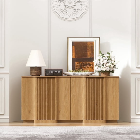 Brafabhome 55" Buffet Cabinet with Storage, 4 Door Accent Sideboard Credenza with 2 Adjustable Shelves, Modern Fluted Media Console Coffee Bar Table for Living Kitchen Dining Room | Walnut