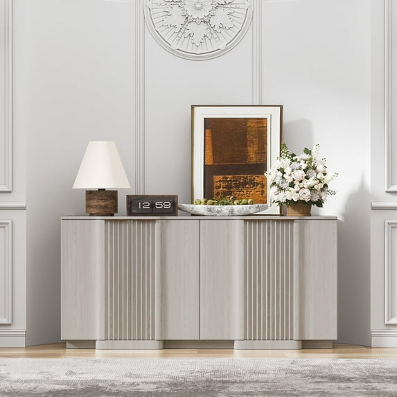 Brafabhome 59" Buffet Cabinet with Storage, 4 Door Accent Sideboard Credenza with 2 Adjustable Shelves, Modern Fluted Media Console Coffee Bar Table for Living Kitchen Dining Room | White