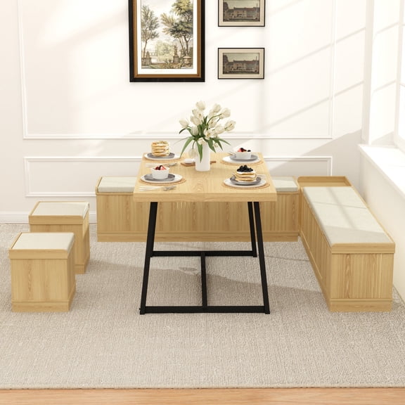 Brafabhome 6 PCS Dining Table Set with Storage Bench, Modern Corner Breakfast Nook with Cushions Stool for 6, Suitable for Kitchen and Dining Room | Nature