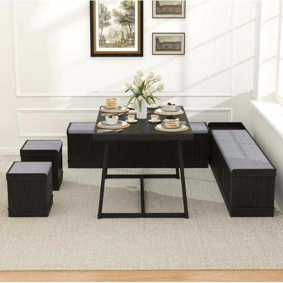 Brafabhome 6 PCS Dining Table Set with Storage Bench, Modern Corner Breakfast Nook with Cushions Stool for 6, Suitable for Kitchen and Dining Room | Rustic Brown