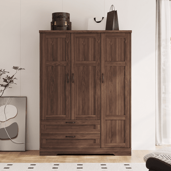 Brafabhome 62"H Wooden Armoire Wardrobe Closet with 2 Drawers, 3 Doors Modern Wardrobe Cabinet with Glass Mirror and Adjustable Shelf for Clothes Coats, Walnut