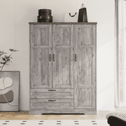 Brafabhome 62"H Wooden Armoire Wardrobe Closet with 2 Drawers, 3 Doors Modern Wardrobe Cabinet with Mirror and Adjustable Shelf for Clothes Coats, Gray