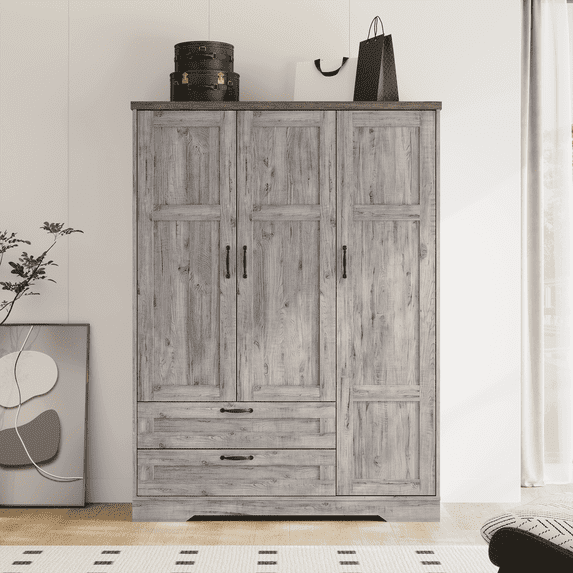 Brafabhome 62"H Wooden Armoire Wardrobe Closet with 2 Drawers, 3 Doors Modern Wardrobe Cabinet with Mirror and Adjustable Shelf for Clothes Coats, Gray