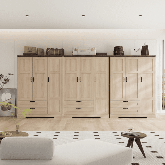 Brafabhome 62"H Wooden Armoire Wardrobe Closet with 2 Drawers, 3 Doors Modern Wardrobe Cabinet with Mirror and Adjustable Shelf for Clothes Coats | Nature(3 Set)