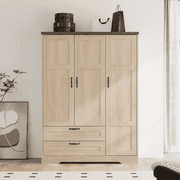 Brafabhome 62"H Wooden Armoire Wardrobe Closet with 2 Drawers, 3 Doors Modern Wardrobe Cabinet with Mirror and Adjustable Shelf for Clothes Coats, Nature