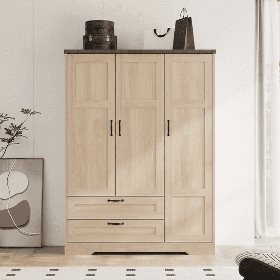 Brafabhome 62"H Wooden Armoire Wardrobe Closet with 2 Drawers, 3 Doors Modern Wardrobe Cabinet with Mirror and Adjustable Shelf for Clothes Coats, Nature