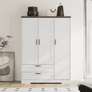 Brafabhome 62"H Wooden Armoire Wardrobe Closet with 2 Drawers, 3 Doors Modern Wardrobe Cabinet with Mirror and Adjustable Shelf for Clothes Coats, White