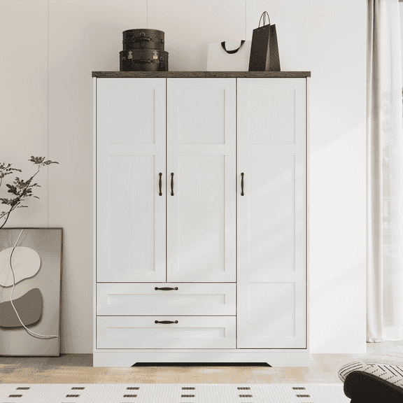 Brafabhome 62"H Wooden Armoire Wardrobe Closet with 2 Drawers, 3 Doors Modern Wardrobe Cabinet with Mirror and Adjustable Shelf for Clothes Coats, White