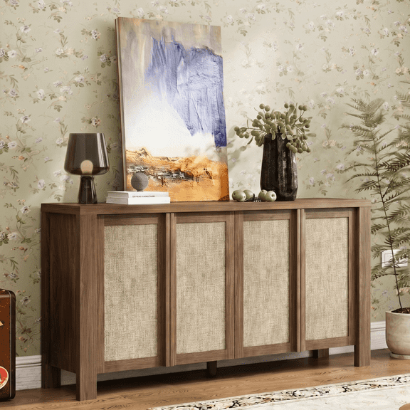 Brafabhome 63" Wide Sideboard with Solid Wood Handles, 4 Doors Buffet Cabinet with Storage Shelf for Living Room, Dining Room, Entryway | Walnut