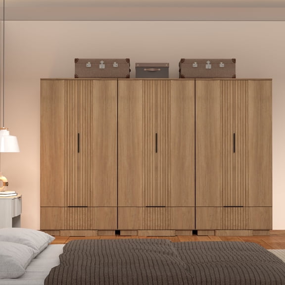 Brafabhome 67" Fluted Armoire Wardrobe Closet with Drawer, Wooden 6 Doors Wardrobe Cabinet with Adjustable Shelf for Bedroom | Nature