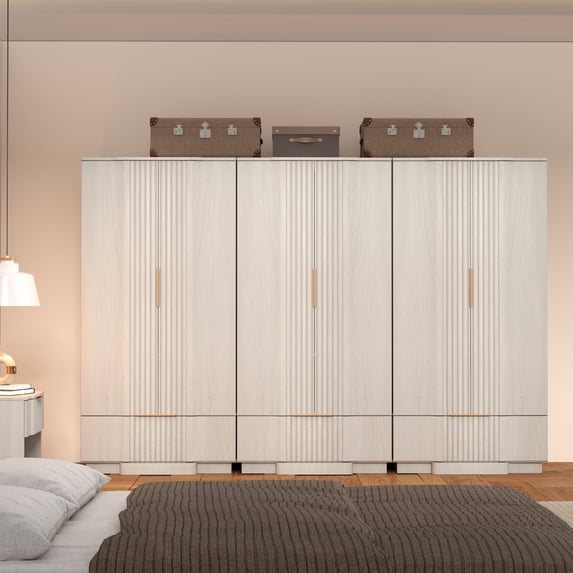 Brafabhome 67" Fluted Armoire Wardrobe Closet with Drawer, Wooden 6 Doors Wardrobe Cabinet with Adjustable Shelf for Bedroom | Whitewash