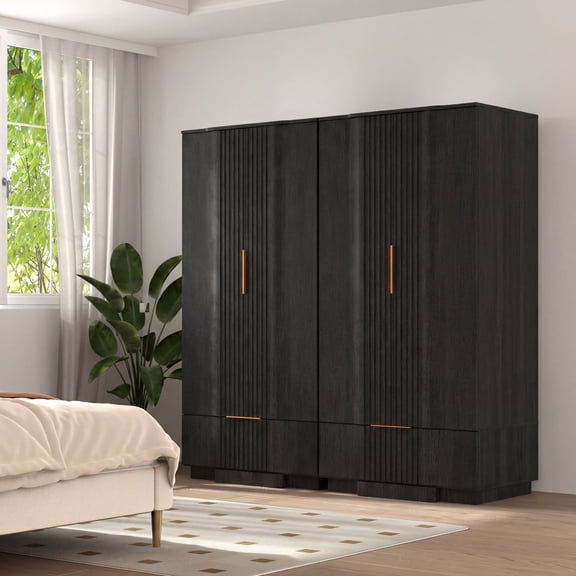 Brafabhome 67"H Fluted Armoire Wardrobe Closet with Drawer, Wooden 2 Doors Wardrobe Cabinet with Hanging Rod & Adjustable Shelf for Bedroom | Black(2 Set)