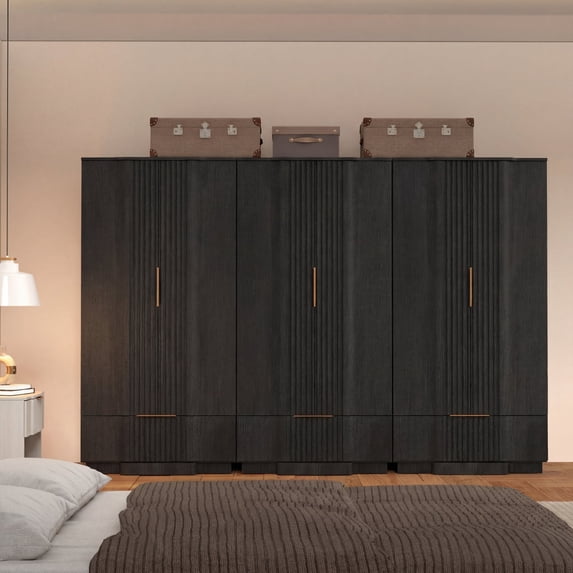 Brafabhome 67" Fluted Armoire Wardrobe Closet with Drawer, Wooden 6 Doors Wardrobe Cabinet with Adjustable Shelf for Bedroom | Black