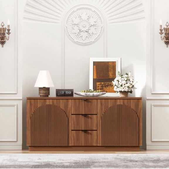 Brafabhome 67" Fluted Sideboard Buffet Cabinet with 3 Drawers, Modern Credenza Storage Cabinet with Arched Reeded Design Doors & Adjustable Shelves, Walnut