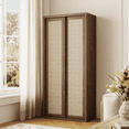 thumbnail image 1 of Brafabhome 67" Tall Rattan Storage Cabinet with 2 Doors, Wooden Pantry Cabinets with 4 Adjustable Shelves & Solid Wood Handle for Home, Kitchen | Walnut, 1 of 11