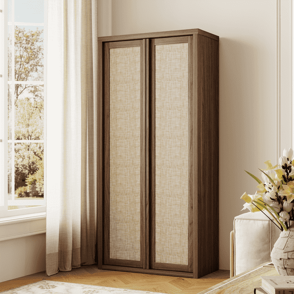 Brafabhome 67" Tall Rattan Storage Cabinet with 2 Doors, Wooden Pantry Cabinets with 4 Adjustable Shelves & Solid Wood Handle for Home, Kitchen | Walnut