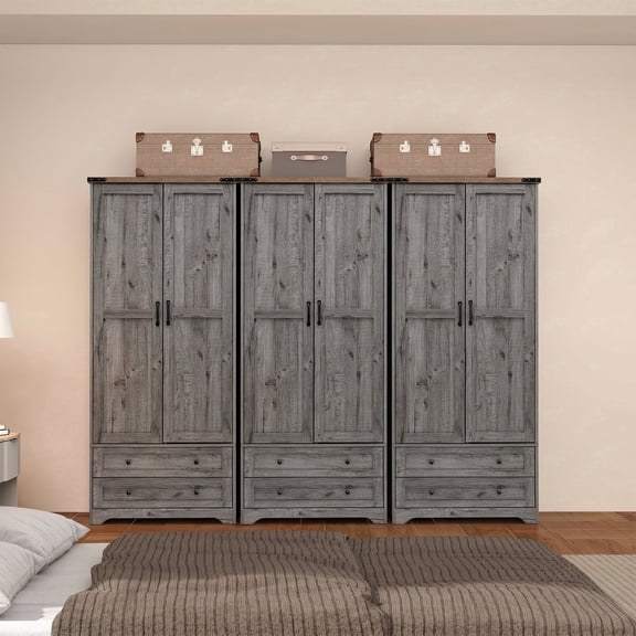 Brafabhome 71"H Armoire Wardrobe Closet with 2 Drawers, Farmhouse 2 Doors Armoire Cabinet with Hanging Rod, Modern Freestanding Wardrobe Clothes Cabinet for Bedroom | Gray(3 Set)