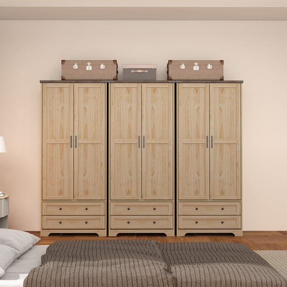Brafabhome 71"H Armoire Wardrobe Closet with 2 Drawers, Farmhouse 2 Doors Armoire Cabinet with Hanging Rod, Modern Freestanding Wardrobe Clothes Cabinet for Bedroom | Nature(3 Set)