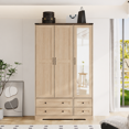 thumbnail image 1 of Brafabhome 71"H Wooden Armoire Wardrobe Closet with 4 Drawers, 3 Doors Modern Wardrobe Cabinet with Glass Mirror and Adjustable Shelf for Clothes Coats, Natural, 1 of 8