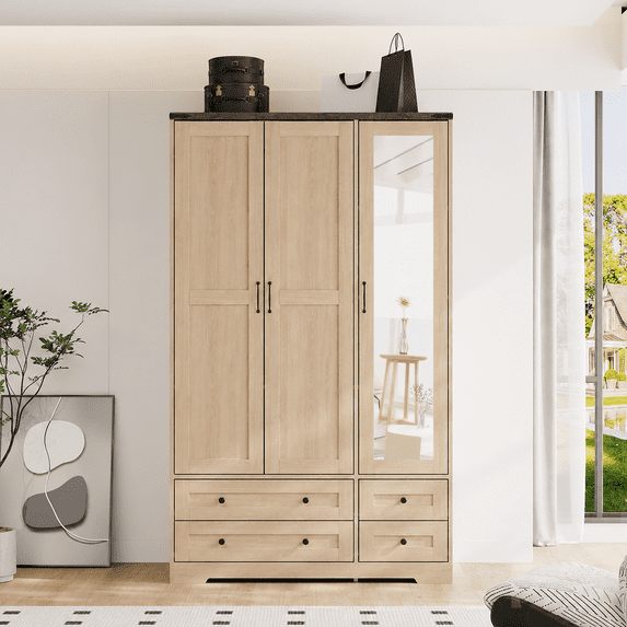 Brafabhome 71"H Wooden Armoire Wardrobe Closet with 4 Drawers, 3 Doors Modern Wardrobe Cabinet with Glass Mirror and Adjustable Shelf for Clothes Coats, Natural