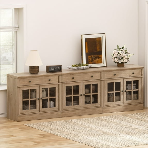 Brafabhome 94.5"W Sideboard Cabinet with Drawer & Glass Doors, Farmhouse Buffet Storage Credenza with Adjustable Shelf, Modern Coffee Bar Console for Living Room Dining Room | Light Oak