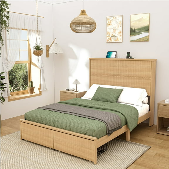 Brafabhome Fluted Full Bed Frame with 2 Storage Drawers, Wooden Platform Bed with Charging Station Headboard and Solid Wood Leg for Bedroom Apartment Hotel, No Box Spring Needed
