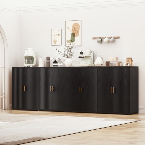 Brafabhome Accent Fluted Sideboard Buffet Cabinet with 4 Doors, Modern Credenza Storage Cabinet with Adjustable & Removable Shelves for Living Room Dinning Room Entryway | Black(2 PCS)