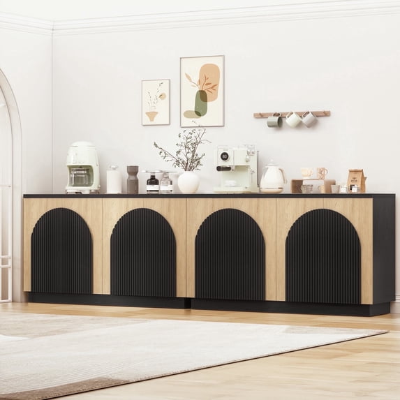Brafabhome 110" Wide Fluted Sideboard with 4 Arched Reeded Doors, Modern Credenza Storage Buffet Cabinet with Adjustable & Removable Shelves for Living Room & Dinning Room | Black+Natural(2 Set)