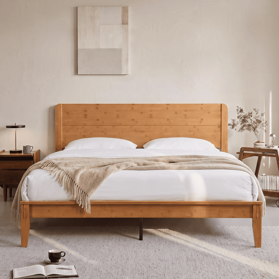 Brafabhome Bamboo Wood Queen Bed Frame with Headboard, Joinery-Inspired Wood Platform Bed Frame, Easy Assembly, No Box Spring Needed, Natural