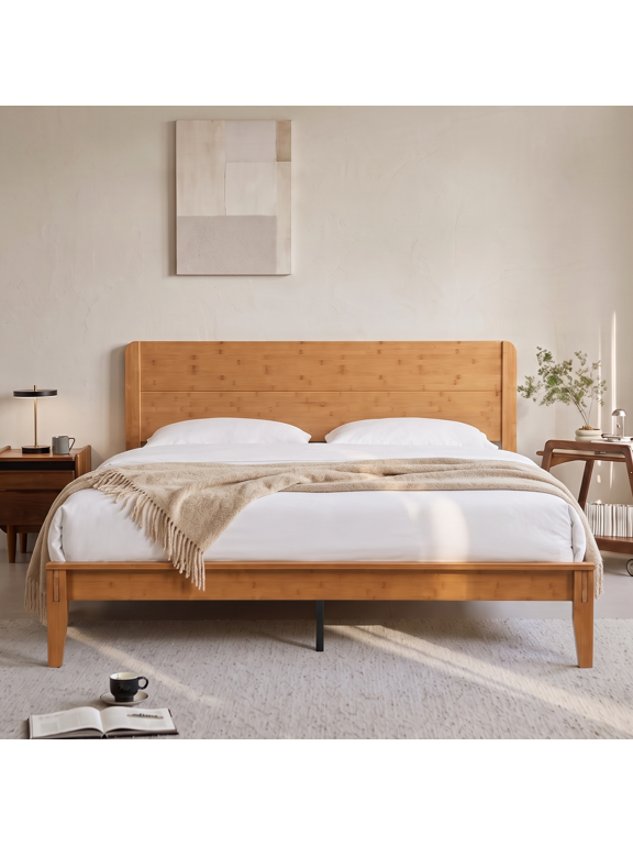 Bamboo Wood Queen Bed Frame with Headboard, Joinery-Inspired Wood Platform Bed Frame, Easy Assembly, No Box Spring Needed, Natural