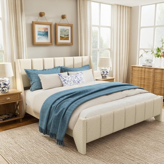 Brafabhome Beige Boucle Upholstered Full Bed Frame with Wingback Headboard, Modern Platform Bed with Wooden Slats, No Box Spring Needed, 800 lbs