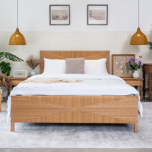Brafabhome Full Bed Frame with Headboard and Footboard, Boho 3D Hand-Woven PE Rattan Bed Frame with Metal Slats, No Box Spring Needed, 1000 lbs
