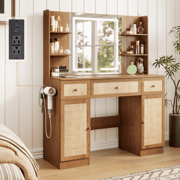 Brafabhome Boho Makeup Vanity Table with Lighted Mirror and USB Power, Rattan Vanity Table with Storage Shelves and Hair Dryer Stand for Makeup Room Bedroom | Walnut