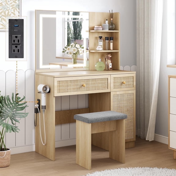 Brafabhome Boho Makeup Vanity Table and Stool with Lighted Mirror and USB Power, Rattan Vanity Table Set with Storage Shelves and Hair Dryer Stand for Makeup Room Bedroom | Beige
