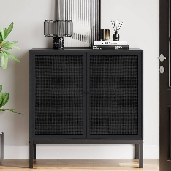 Brafabhome Boho Sideboard Storage Cabinet with Rattan Decorated Doors, Farmhouse Buffet Cabinet with Storage Shelf for Living Room, Dining Room, Entryway, Kitchen | Black