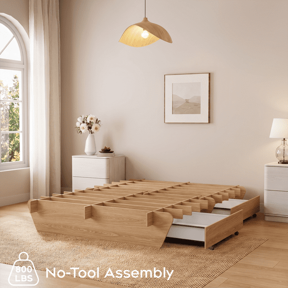 Brafabhome Brich Plywood Queen Bed Frame with Storage Drawers, Modern Joinery Wood Platform with Solid Wood Slat Support, No Box Spring Needed, No-Tool Assembly, Natural