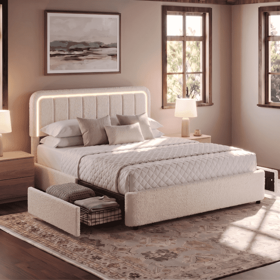 Brafabhome Cloud Queen Size Bed Frame with Adjustable Height Headboard, Boucle Upholstered Bed Frame with LED Light, Modern Platform Bed with 4 Storage Drawers, No Box Spring Needed, Beige